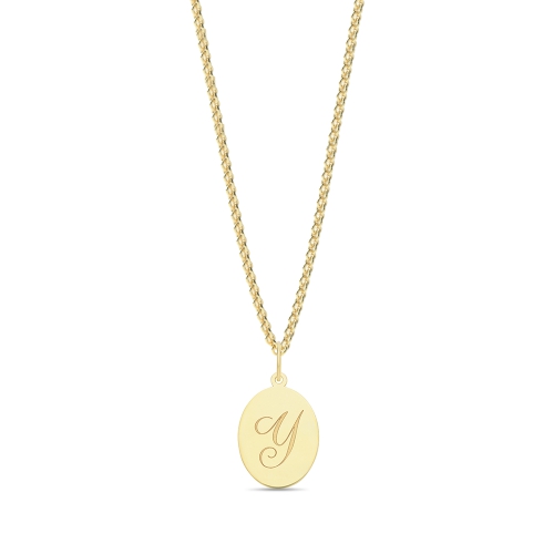 Yellow Gold Plain oval disc engraved y Initial Pendant Necklaces