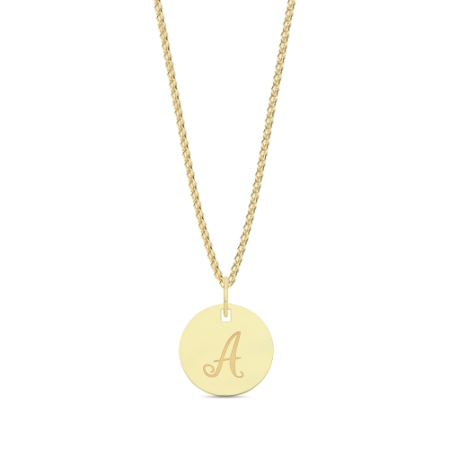 Yellow Gold Plain round plat engraved a Initial Pendant Necklaces