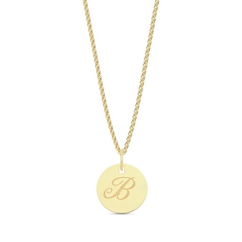 Yellow Gold Plain round plat engraved b Initial Pendant Necklaces