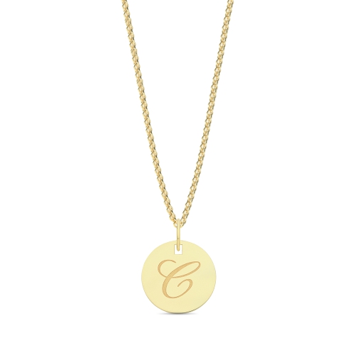 Yellow Gold Plain round plat engraved c Initial Pendant Necklaces