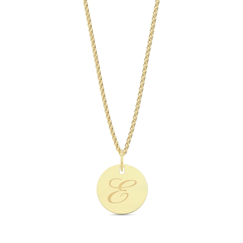 Yellow Gold Plain round disc letter e Initial Pendant Necklaces