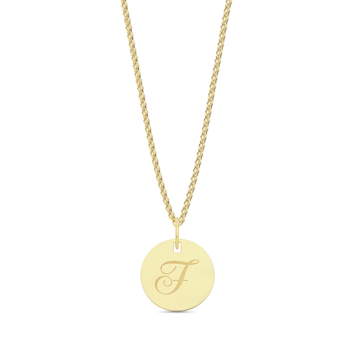 Yellow Gold Plain round plat engraved f Initial Pendant Necklaces