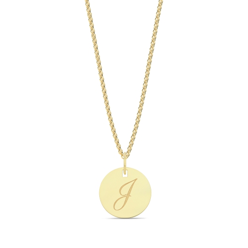 Yellow Gold Plain round disc letter j Initial Pendant Necklaces