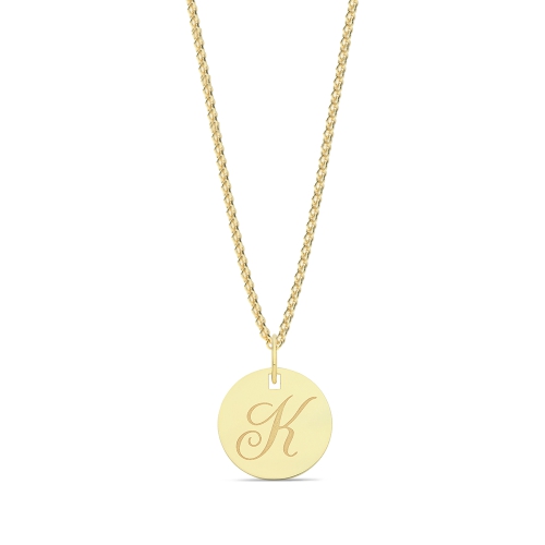 Yellow Gold Plain round disc letter k Initial Pendant Necklaces