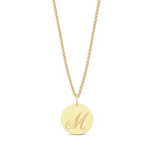 Yellow Gold Plain round disc letter m Initial Pendant Necklaces