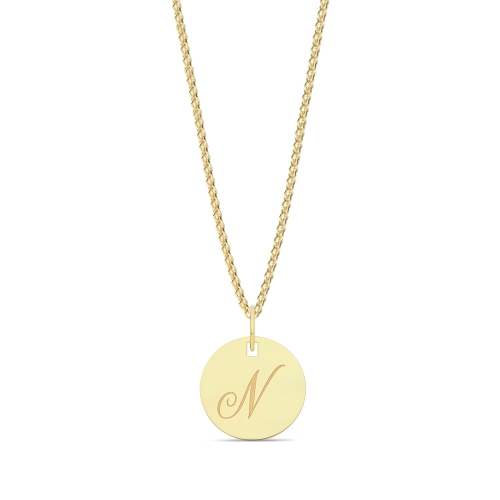 Yellow Gold Plain round plat engraved n Initial Pendant Necklaces