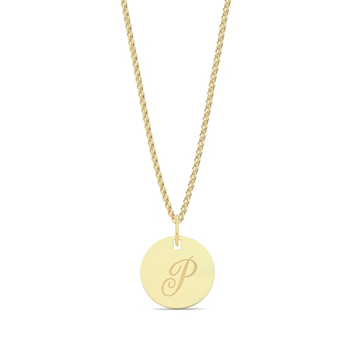 Yellow Gold Plain round disc letter p Initial Pendant Necklaces