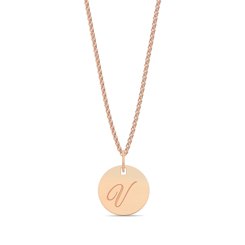 Rose Gold Plain round plat engraved v Initial Pendant Necklaces