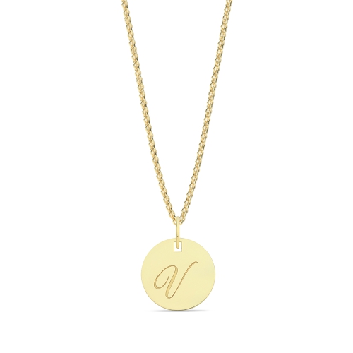 Yellow Gold Plain round plat engraved v Initial Pendant Necklaces