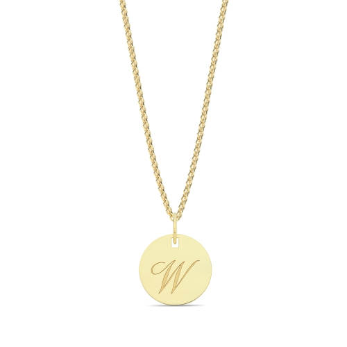 Yellow Gold Plain round plat engraved w Initial Pendant Necklaces
