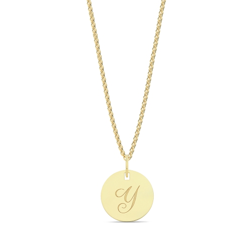 Yellow Gold Plain round disc letter y Initial Pendant Necklaces