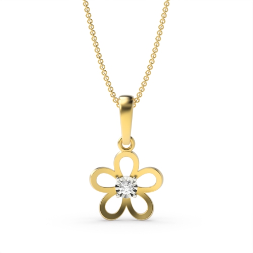 4 Prong Round Yellow Gold Illusion flower Pendant Necklaces