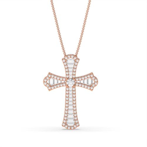 prong setting round and baguette diamond cross pendant