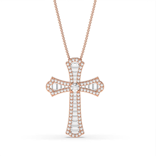4 Prong Round Rose Gold And baguette holy Cross Pendant Necklaces
