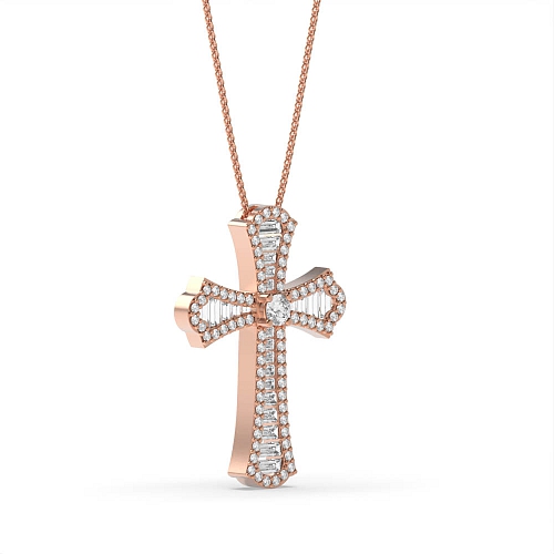 4 Prong Round Rose Gold And baguette holy Cross Pendant Necklaces