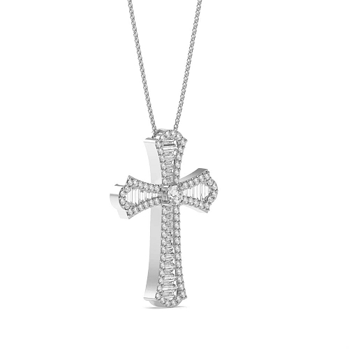 4 Prong Round And baguette holy Cross Pendant Necklaces