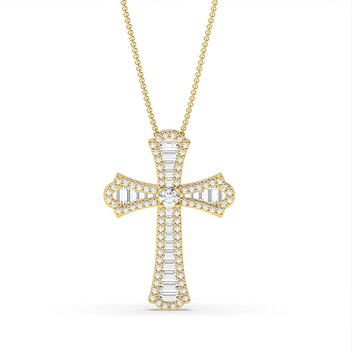 4 Prong Round Yellow Gold And baguette holy Pendant Necklaces