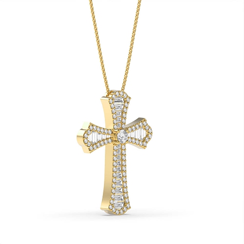 4 Prong Round Yellow Gold And baguette holy Pendant Necklaces