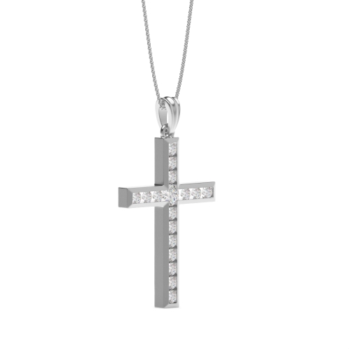 Channel Setting Round White Gold Cross Pendant Necklace