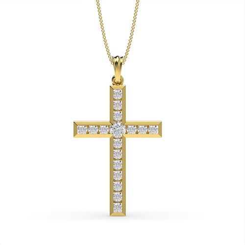 Channel Setting Round Yellow Gold Stud Flicker Cross Pendant Necklace