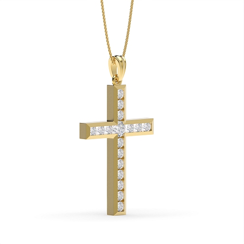 Channel Setting Round Yellow Gold Stud Flicker Cross Pendant Necklace