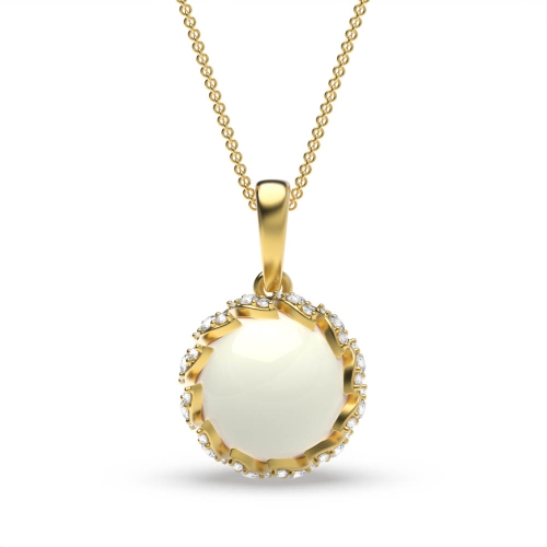 4 Prong Round Yellow Gold Halo fresh water Lab Grown Diamond Designer Pendant Necklaces