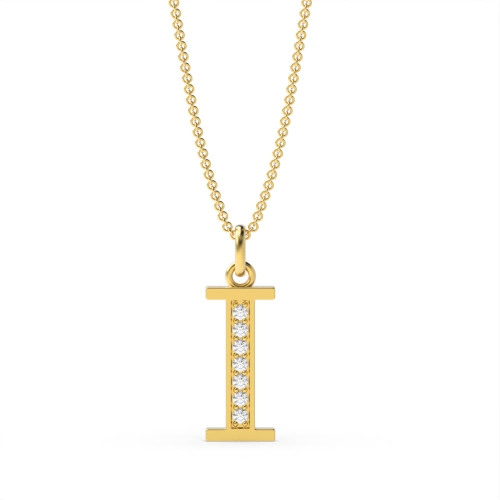 Pave Setting Round Yellow Gold Art deco letter i Pendant Necklaces