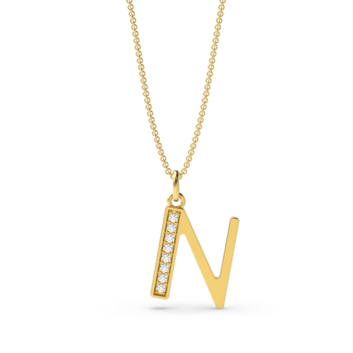 Pave Setting Round Yellow Gold Art deco letter n Pendant Necklaces
