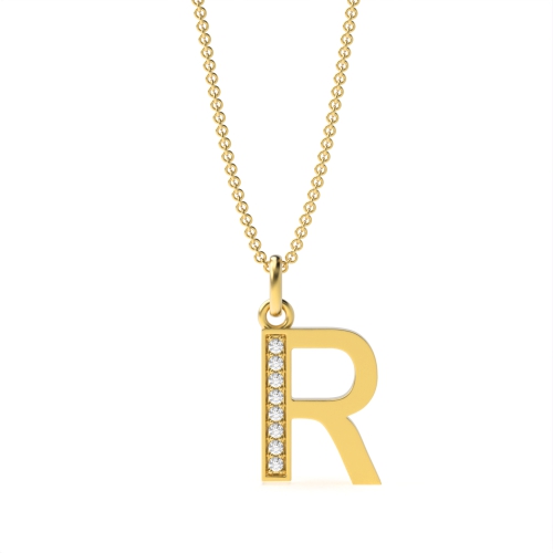 Pave Setting Round Yellow Gold Art deco letter r Pendant Necklaces