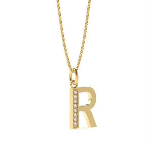 Pave Setting Round Yellow Gold Art deco letter r Pendant Necklaces