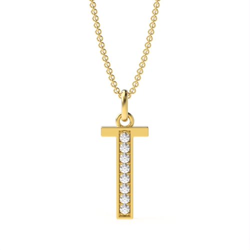 Pave Setting Round Yellow Gold Art deco letter t Pendant Necklaces