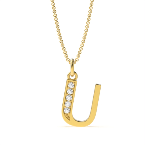 Pave Setting Round Yellow Gold Art deco letter u Pendant Necklaces