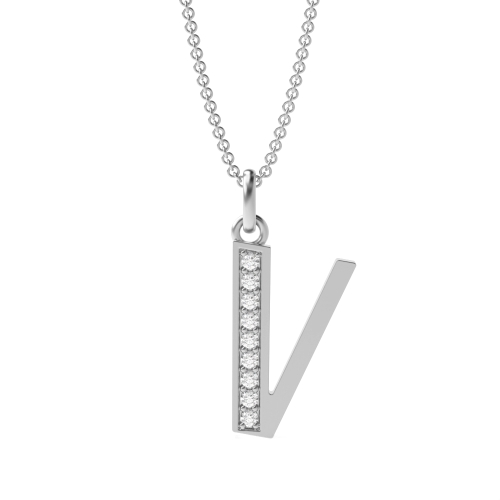 Pave Setting Round White Gold Art Decoitial 'V' Name Initial Pendant Necklace