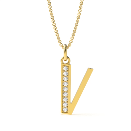 Pave Setting Round Yellow Gold Art decoitial 'v' name Pendant Necklaces