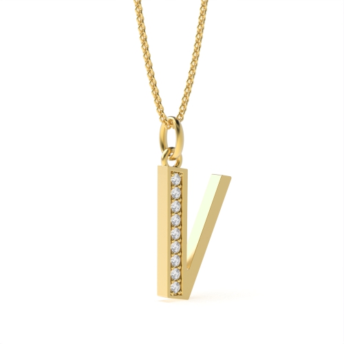 Pave Setting Round Yellow Gold Art decoitial 'v' name Pendant Necklaces