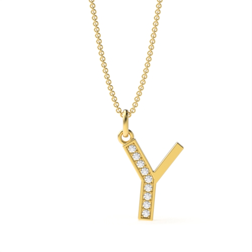 Pave Setting Round Yellow Gold Art deco letter y Pendant Necklaces