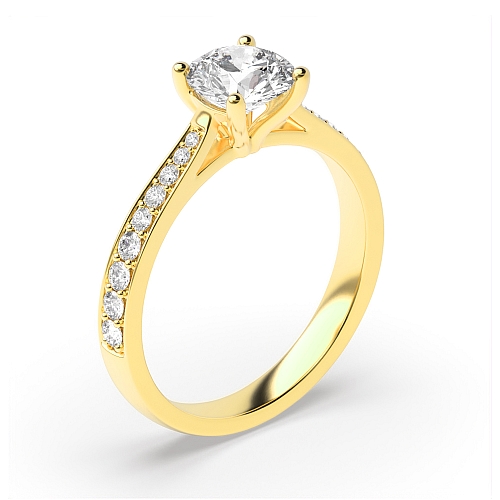 Round Yellow Gold Pave set tappered shank Side Stone Engagement Rings
