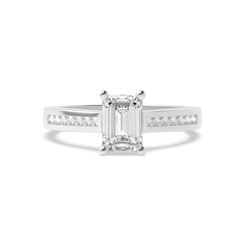 4 Prong Emerald Silver Channel set shank Side Stone Engagement Rings