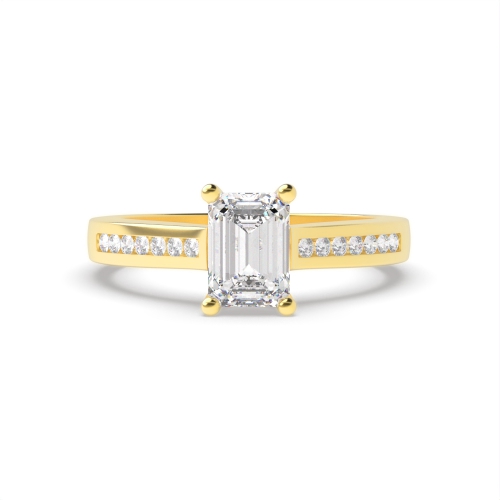 4 Prong Emerald Yellow Gold Channel set shank Engagement Rings