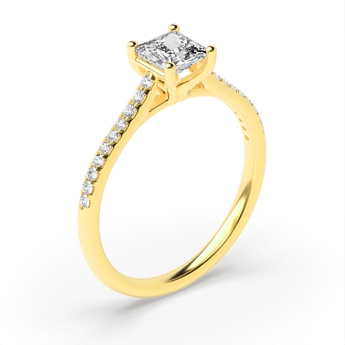 Princess Yellow Gold Delicate shank Side Stone Engagement Rings