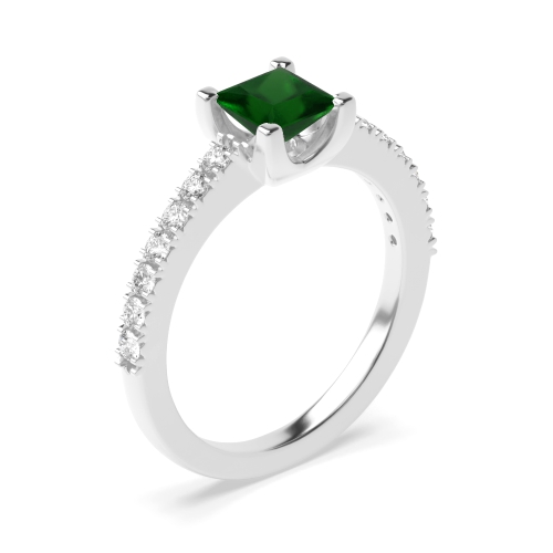 4 Prong Princess Open shoulder set Emerald Side Stone Engagement Rings