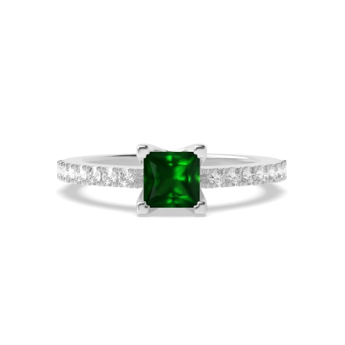 4 Prong Princess Open shoulder set Emerald Side Stone Engagement Rings