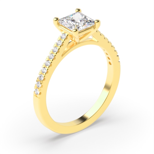 4 Prong Princess Yellow Gold Delicate shoulder set Engagement Rings