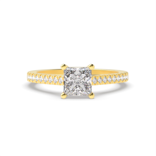 4 Prong Princess Yellow Gold Delicate shoulder set Engagement Rings