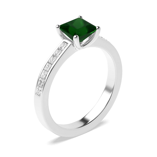 4 Prong Princess princess accented Emerald Side Stone Engagement Rings