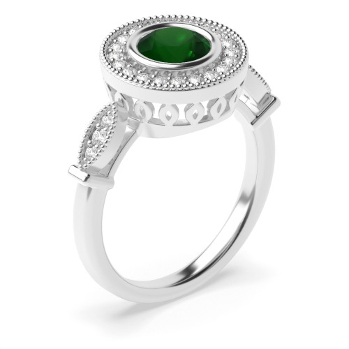4 Prong Round Vintage Emerald Halo Engagement Rings