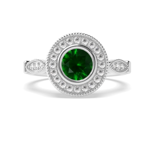4 Prong Round Vintage Emerald Halo Engagement Rings