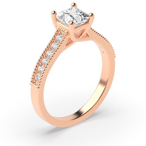 4 Prong Princess Rose Gold Milligrain shoulder set Engagement Rings