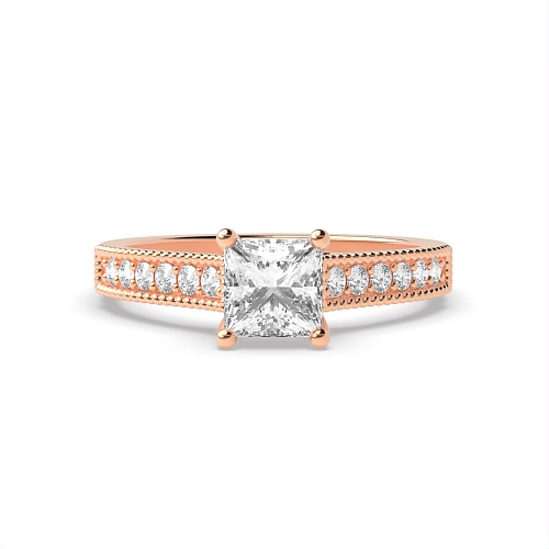 4 Prong Princess Rose Gold Milligrain shoulder set Engagement Rings