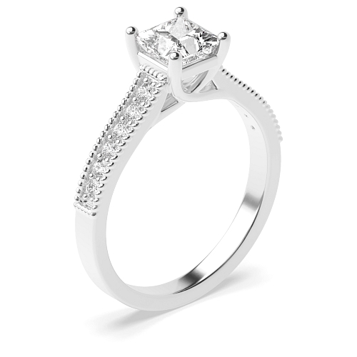 4 Prong Princess Milligrain shoulder set Side Stone Engagement Rings